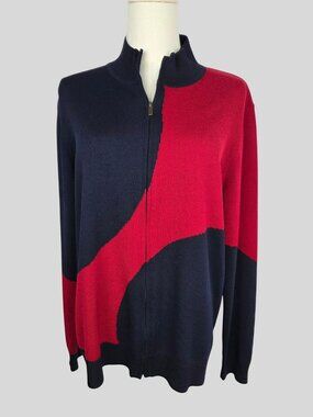 St. John Zip Cardigan Sweater L Red & Navy Wool Blend Full-Zip Quiet Luxury EUC!